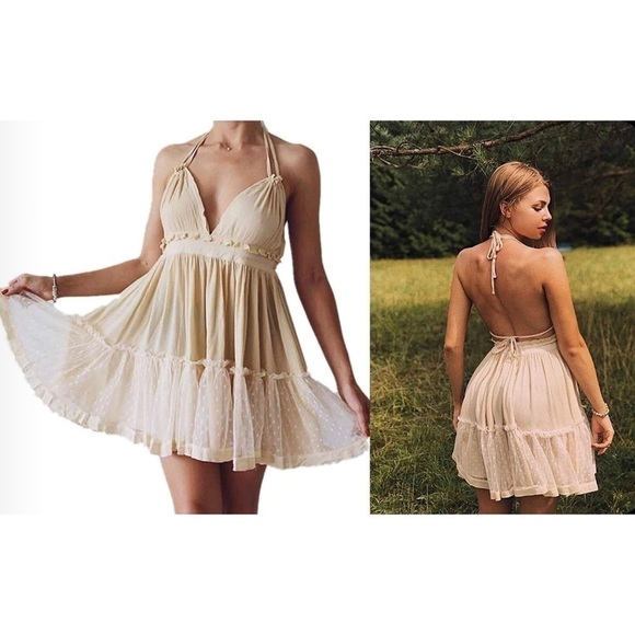 ForeMode Beige Plunge V-Neck Backless Halter Mini Babydoll Boho Dress Size XL - Picture 1 of 11